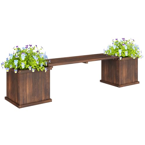 Outsunny Wooden Garden Planter & Bench Combination Garden Raised Bed Patio Park Carbonised Finish 176 x 38 x 40 cm
