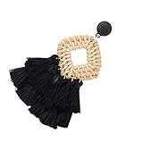 Gatuida Pendientes Colgantes Bohemios Retro de Rafia con Flecos Negros para Mujer Vintage Ligeros y Creativos Joyería para