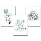 Aquarell Kinderzimmer Poster Mint für Mädchen oder Jungen mit Spruch und Regenbogen, Tierbilder Babyzimmer Bilder Tiere Set, Kunstdruck Kinderbilder