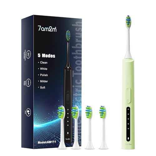 7AM2M Sonic Electric Toothbrush, High Power Rechargeable Toothbrushes, 5 Modes with 2 Minutes Built in Smart Timer, with 4 Brush Heads for Adults and Kids, One Charge for 60 Days (Green)