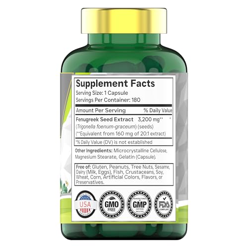 tnvitamins Fenugreek Capsules: 3200 mg - 180 Capsules | Fenugreek Supplement for Men & Women | Fenugreek Seed Powder Extract | Non-GMO | Made in The USA!