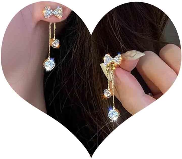 Andelaisi Boho Crystal Bow Ear Jacket Earrings Vintage Crystal Tassel Chain Drop Earrings Gold Crystal Bow Studs Earrings Bling Cz Bow Front Back Earrings Jewelry for Women