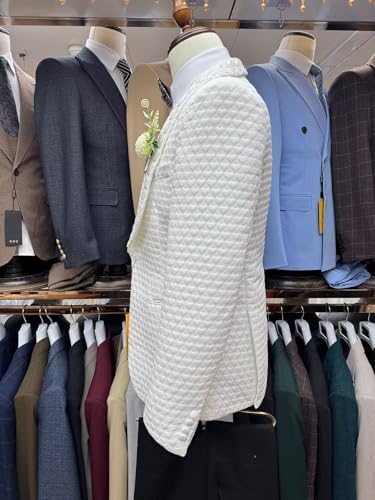 Men's 3 Piece Slim Fit Suit Set Crystal Beaded Tuxedo, Formal Wedding Suit White Jacquard Suits with Jacket Vest Pants3