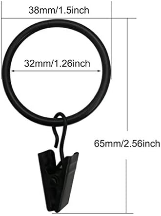 50pcs Curtain Ring with Clips, BetterJonny 32mm Internal Diameter Strong Metal Curtain Clips Shower Curtain Clip with Hook Black