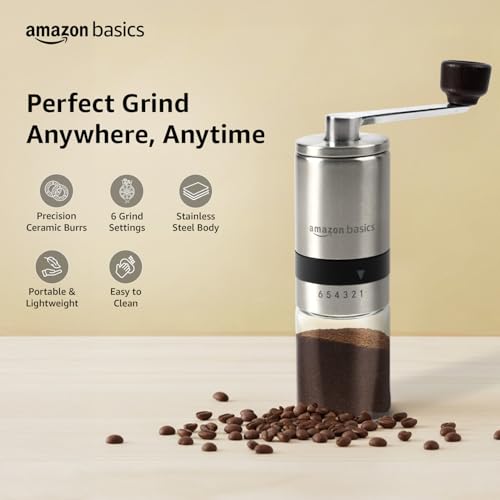 Image of Amazon Basics Manual Coffee Grinder with Ceramic Burr & 6 Adjustable Grind Settings, Glass Jar & Stainless Steel Body, Portable & Lightweight, Ideal for Espresso, French Press, Cold Brew, Silver