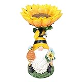 MUMTOP Garden Gnome Statue with Sunflower Birdbath Birdfeeder Outdoor Decor, Resin Summer Bee Gnome Holding Honey Jar with Solar LED Light Waterproof Garden Sculpture for Yard Lawn Decorations