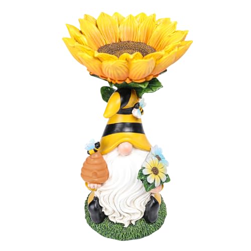 MUMTOP Garden Gnome Statue with Sunflower Birdbath Birdfeeder Outdoor Decor, Resin Summer Bee Gnome Holding Honey Jar with Solar LED Light Waterproof Garden Sculpture for Yard Lawn Decorations
