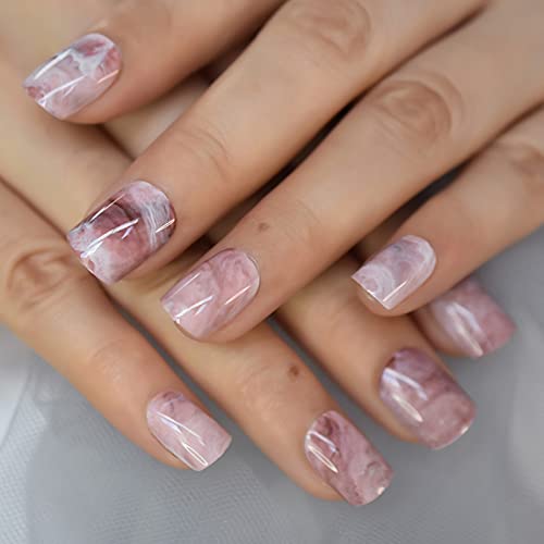 Marble Designed Fake Nails Short Squoval Flowing Lava Glossy Gel Acrylic Press On Tips Artificial Nails For Finger Women Girls Manicure Nail Art #TOP18