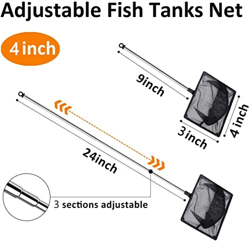 Image of Fish Net for Fish Tank, Fine Mesh Aquarium Net with 9-24 Inch Stainless Steel Long Handle, Extendable Fishing Tank Net for Fish Shrimp Tank, Pond, Creek (4 inch) (Pack of 2)