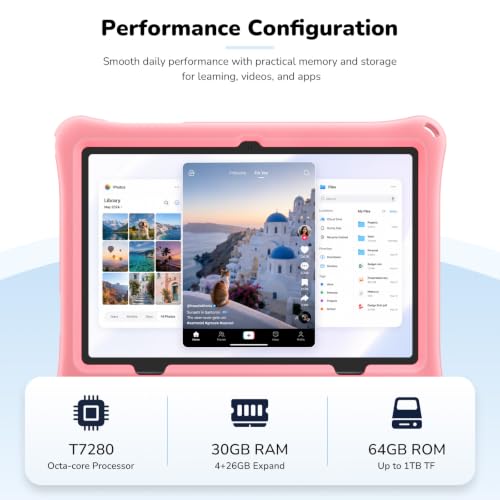 Image of Kids Tablet, Android 16 Tablet for Kids 10 inch with Keyboard, Mouse, EVA Case Pen (Pink) 30GB RAM 64GB ROM 1TB TF Card Expandable for Toddler Children, Parental Control, Dual Camera, WiFi, Gift