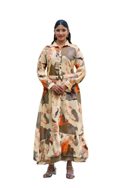 Cream Color Nida Fabric No Transparency Front Button Open Pattern Abstract Print Gown Shirt Style Cuffs Regular Sleeve Pattern with Belt Gown-image-32