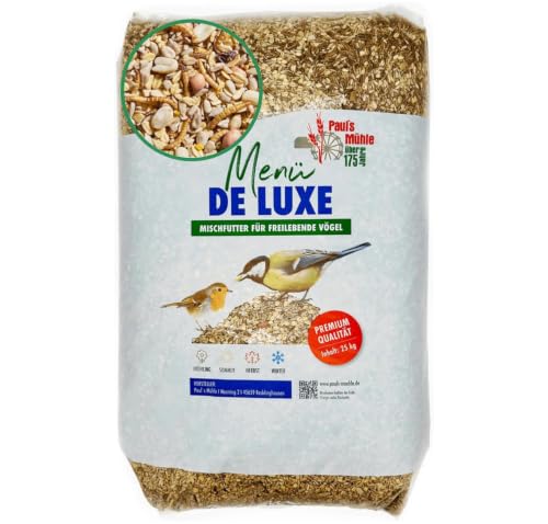 Paul´s Mühle - 25 kg Wildvogelfutter Deluxe Vögel & Wildvögel ganzjährig | Ganzjahresfutter mit Sonnenblumenkernen, Mehlwürmer & Erdnüsse - Vogelfutter & Streufutter proteinreich & schalenarm