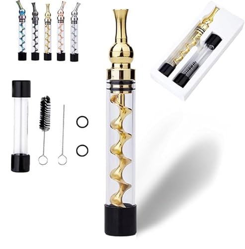 Portable Easy-to-Clean Twisted Glass Blunt Pipe,Twisty Glass Blunt Pipe with Adjustable Chamber,Glass Twisty Blunt with Swivel Head Built-in Grinder,Compact Design (Gold)