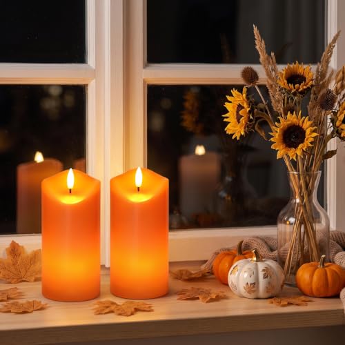 Image of Fall Decorations, Flameless Orange Pillar Candles with Remote