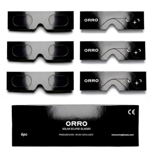 ORRO Gafas para Eclipse Solar de 45 mm, Pack de 2/6/12, Negras, Se Ajustan sobre Gafas Graduadas, Protección Ocular Certificada, Ensayadas según EN ISO 12312-2:2015, Marcado CE - Ajuste Edge