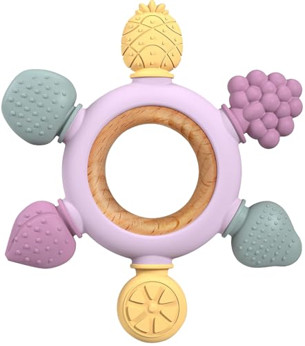 Image of GJZZ Baby Teething Toys Silicone Teethers BPA Free Fruit Shape with Wooden Ring Soothe Babies Gums for 0-3 6-12 Months Infants & New Borns