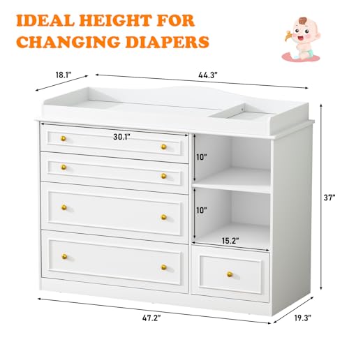 White Changing Table Dresser, Baby Nursery Dresser, Baby Diaper Changing Table, 5 Drawers, Adjustable Shelves, Metal Handle, Curved Wrapping Design, White
