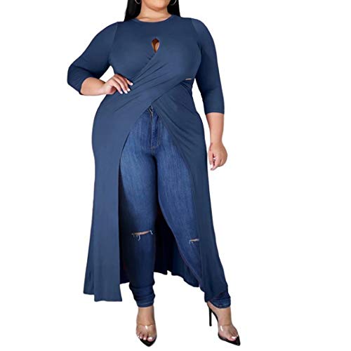 IyMoo Women s Plus Size 3 4 Sleeve Wrap Cutout High Low Casual Long Tunic Tops Tee Shirts Blue 3XL