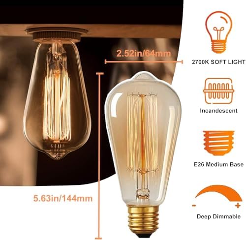 Edison Light Bulbs,60W Incandescent Light Bulbs,E26 Base Dimmable Vintage Decorative Antique Filament ST64 Light Bulbs,Amber Warm Light for Chandelier, Pendant and Home Decor 6Pack — view 3