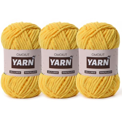 Image of 3 Packs Plush Chenille Chunky Crochet Yarn - Baby Yarn for Crocheting Soft - Velvet Yarns Knitting for Blankets Crafts - Fluffy Amigurumi Yarns 150g / 196.8yds (3 Golden Yellow)
