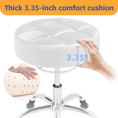 Image of Rolling Stool Heavy Duty 400lb: Super Soft Seat Cushion,360 Swive,Height Adjustability,No Squeaky Noises,No Tip Over,New Upgraded Stool Salon stool Chair, Tattoo Facial Massage Spa Medical (White)