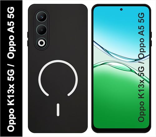Image of SBMS Silicone Back Cover Case for Oppo A5 5G / Oppo K13x 5G | Soft Micro-Fibre Lining Inside | Magsafe Print On Back Side Camera Protection Bump | Shockproof Case Oppo A5 5G (Black)