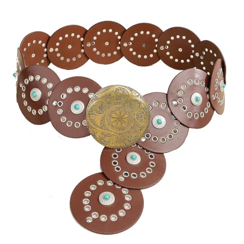Kuskins Western Leather Belt for Women - Wide Boho Cowgirl Belt with Concho Buckle, Vintage Y2K Cowboy Belt, Chunky Disc Waist Belt for Dresses & Country Outfits (M)