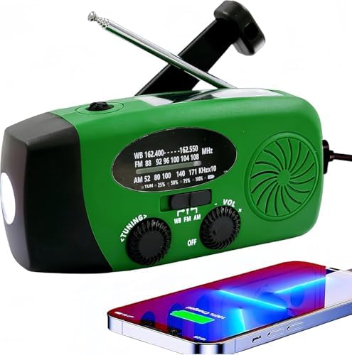 iRonsnow Rádio meteorológico de manivela de emergência solar, 5000 mAh NOAA AM/FM | Rádios portáteis autoalimentados com alarme SOS, lanterna de LED, carregador USB para smartphone para acampamento (verde)