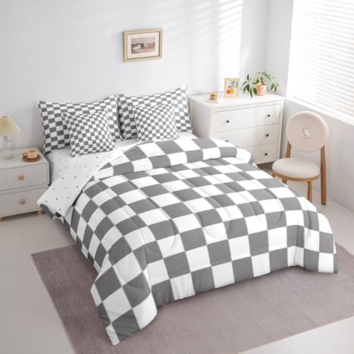Image of Erosebridal Gray Checkered Full Bed in A Bag 7 Piece White Grey Checkerboard Grid Bedding Set,Geometric Buffalo Plaid Comforter Set with Sheets for Kids Boys Teen Adults Men Gingham Bed Set