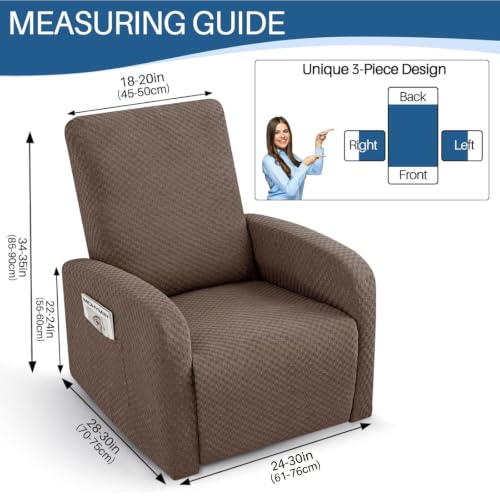 Image of YEMYHOM 3 Pieces Stretch Recliner Slipcover Jacquard Small Recliner Chair Cover with Side Pocket Anti-Slip Fitted Furniture Protector with Elastic Bottom (X-Small Recliner, Light Coffee)