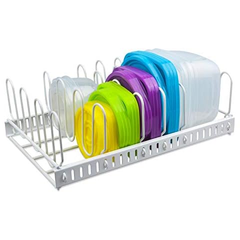 Update White Food Container Lid Organizer&Adjustable Metal Lid Holder Rack 6 Dividers Storage Container Lid organizer for Cabinets, Cupboards, Pantry, Drawers to Keep Kitchen Tidy(Patent Pending) Cover