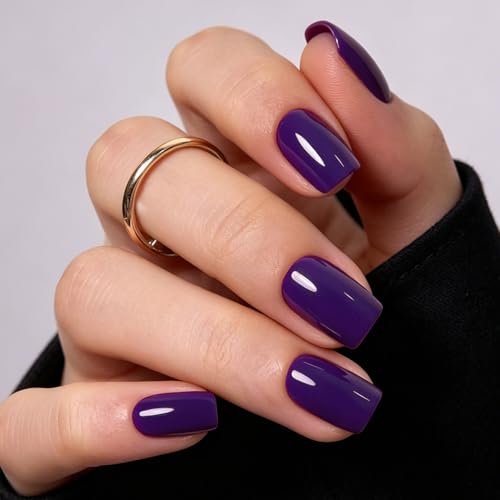 Modelones Purple Press on Nails Short Square Dark Violet Fake Nails Reusable Nail Kit with Nail Glue Adhesive Tabs Mini Nail File Nails Press Ons 32Pcs 16 Sizes Women Girl Gift