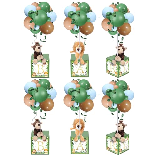 Lenwen 6 Sets Baby Letter Boxes Decorations Table Centerpieces for Baby Shower Gender Reveal,Bear Stuffed Animals Balloon with Stand Plush Toy Boxes for Birthday Party Wedding (Jungle Animals)