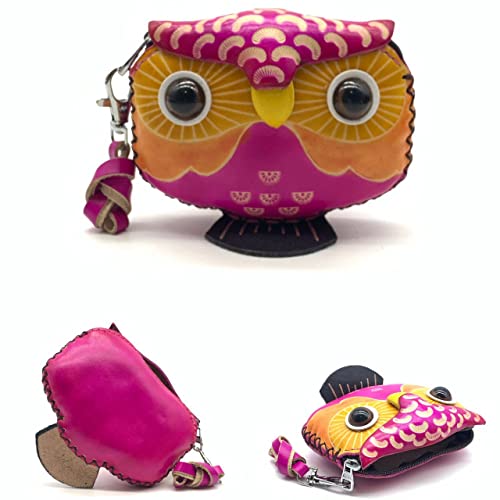 Handmade Vintage Genuine Leather 3D Animal Owl Coin Purse with Removable wrist strap #001 (Pink)4