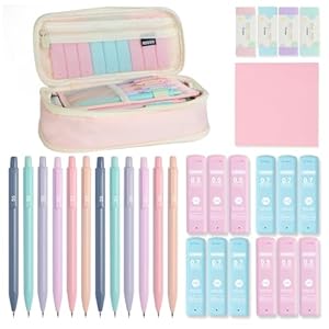 Mechanical Pencil Set with Cute Pencil Case, 12x Pastel Mechanical Pencils 0.5 & 0.7mm with 720x HB Leads, 4x Erasers and 1x Sticky Note, Suitable for Writing, Drafting Drawing Sketching(pink)