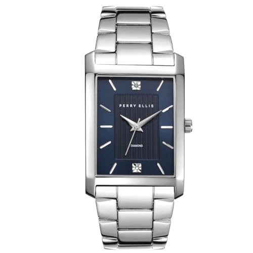 Imagen de Perry Ellis Reloj para hombre Esfera rectangular plateada con textura azul oscuro con detalles de diamante