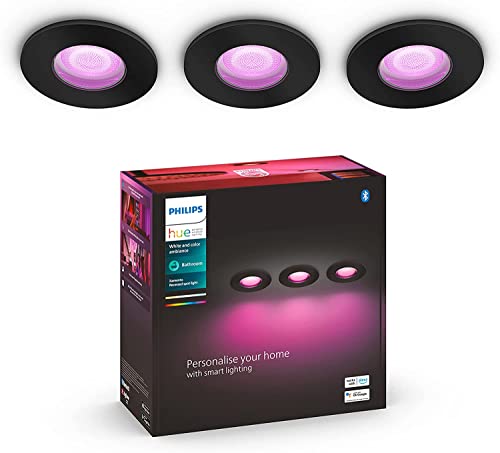 Philips Philips Hue - Set de 3 Focos inteligentes empotrables Hue Xamento, 7W Luz Blanca y de colores, Bluetooth, Compatible con Alexa y Google Home, color negro