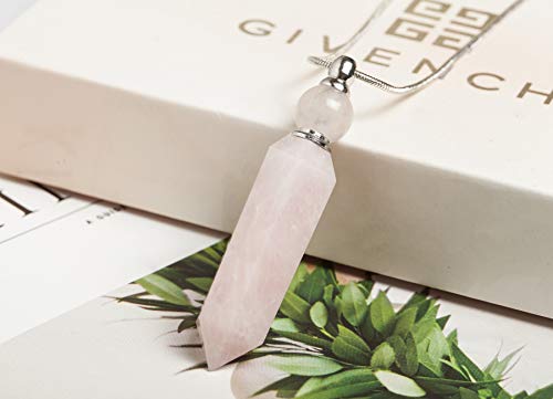 Amoystone Rose Quartz Women Pendant Natural Crystal Healing Stone Aroma Essential Oil Diffuser Perfume Bottle Necklace Hexagonal, Long #TOP6