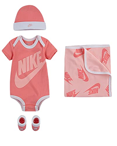 Image of Nike Baby`s Core Future Blanket, Bodysuit, Hat and Booties 4 Piece Set (Peach(NN0452-AB4)/White, 0-6 Months)