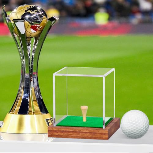 Image of Clear Acrylic Golf Ball Display Case with Wood Base & Tee, Memorabilia Stand Cube Holder, Dust Protection Transparent Storage Box for Single Ball Souvenir Golfball Collections