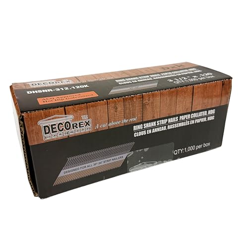 Decorex Hardware - 3 1/2" x .120 Ring Shank Strip Nails, Paper Collated, Clipped Head, Hot Dip Galvanized (30-34 Degree) - 1000pcs Box (DHSNR-312.120K)