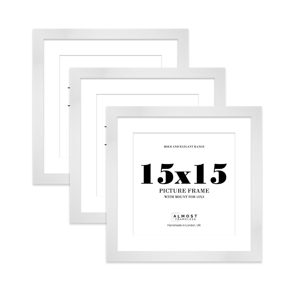 15x15" White Square Frame With Mount for 13x13" Pictures 28mm Edge Frame Display with Wall Hooks, 3 Pack