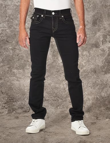 True Religion Men's Ricky Big T Straight Leg Jean with Back Flap Pockets, Body Rinse Black, 38W X 34L