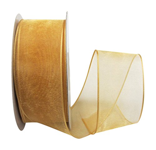 Ribbon Bazaar Sheer Organza Wired Ribbon - 100% Polyester Wire Edged Ribbon For Floral Decor, Table Arrangements, Apparel Embellishment & More - 1-1/2 Inch Old Gold 25 Yards #TOP28