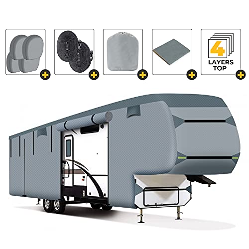 BougeRV The Fifth Wheel RV Cover, 29'-33' Water Resistant Anti-UV 4 Layer Top,Fit for Travel Motorhome RV Camper RV Accessories Parts Gray(with Patch Kit and 4 Tire Covers and 2 Extra Straps)