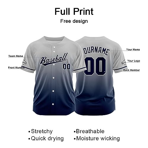 Custom Gradient Baseball Jersey Print Personalized Name, Number and Logo for Men Women Kids (Gray-Navy) - Thumbnail 3