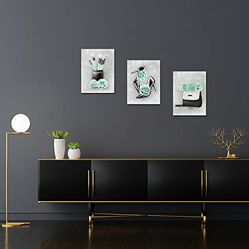 Duobaorom 3 Pieces Fashion Women Canvas Wall Art Make Handbags High Heels Teal Flowers Picture For Women Girls Room Living Room Decor Stretched And Framed Ready To Hang 12X16Inchx3Pcs #TOP2