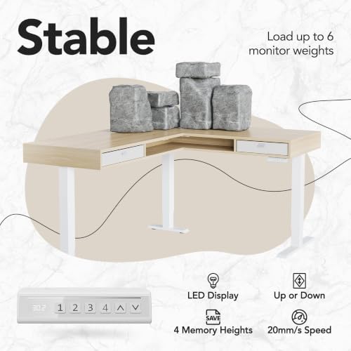 Image of HUANUO 63 inch X 55 inch Electric L Shaped Standing Desk, 2 Drawers, Light Walnut | L-Shaped Corner Desk,2 Fabric Storage Drawers,4 Quiet Memory Presets,220lbs Carbon Steel, 27.6 inch-46.5 inch Adjustable Height