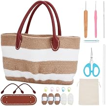 ORIGACH DIY Crochet Handbag Kit for Beginners, Khaki Striped Crochet Bag with PU Leather Band and Base, Complete Crochet Set to Make a Bag, Include Yarn, Crochet Hooks, Markers and Instruction