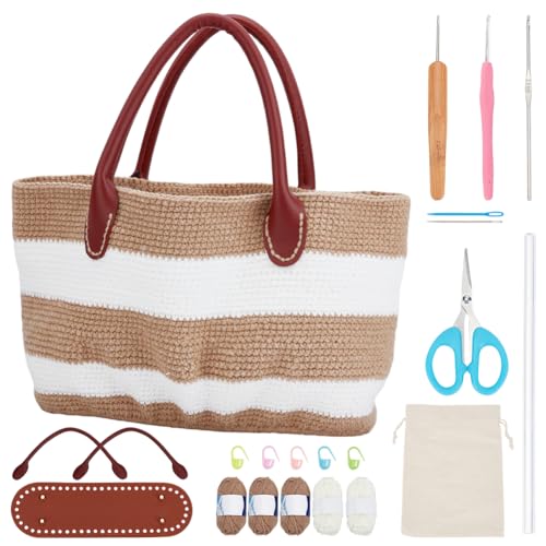 ORIGACH DIY Crochet Handbag Kit for Beginners Khaki Striped Crochet Bag with PU Leather Band and Base Complete Crochet Set to Make a Bag Include Yarn Crochet Hooks Markers and Instruction